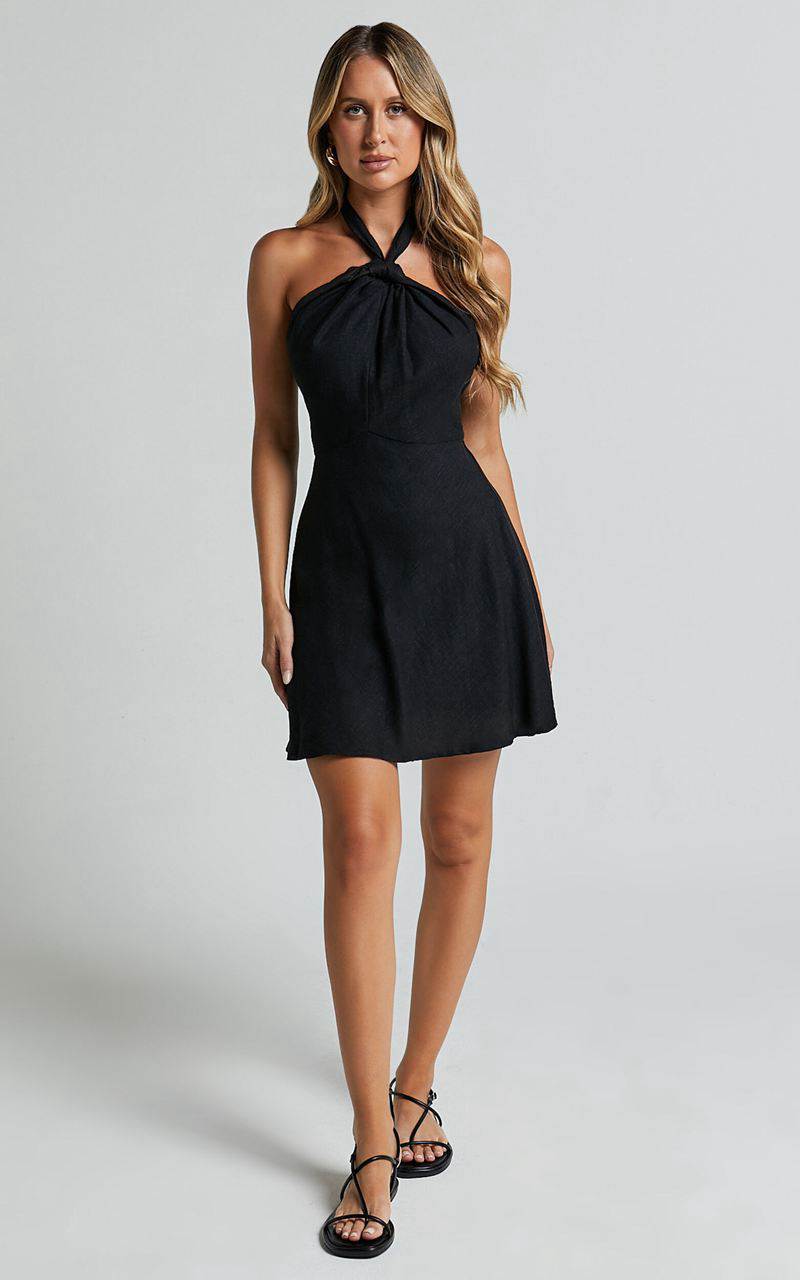 Showpo Louie Mini Dress - Linen Look Halter Neck Dress Black | BELOUJ503