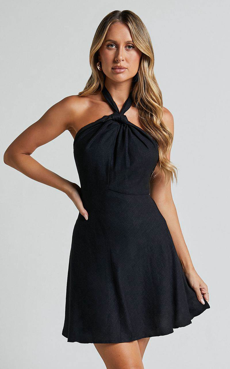 Showpo Louie Mini Dress - Linen Look Halter Neck Dress Black | BELOUJ503