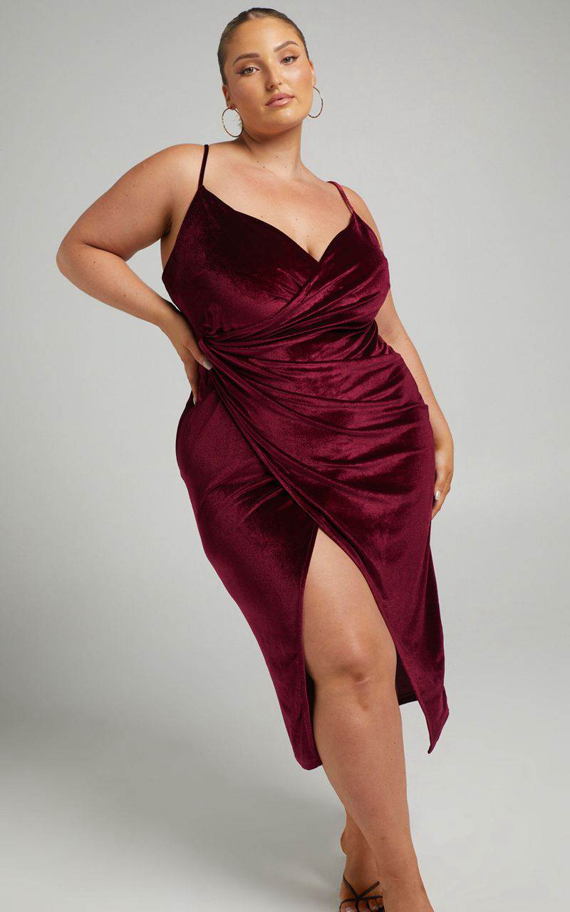 Showpo Loving Blind Midi Dress - Draped Thigh Split Dress Wine Velvet | OQRVMJ305