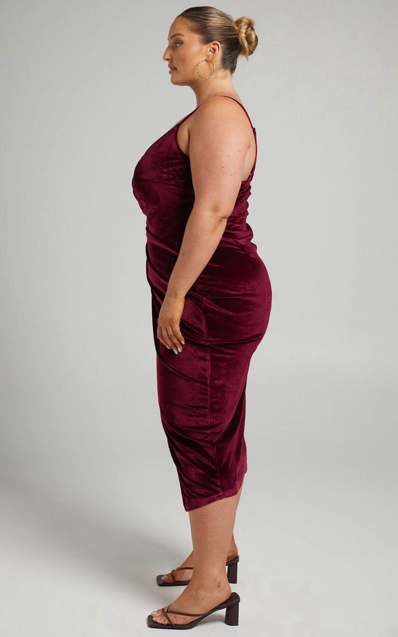 Showpo Loving Blind Midi Dress - Draped Thigh Split Dress Wine Velvet | OQRVMJ305