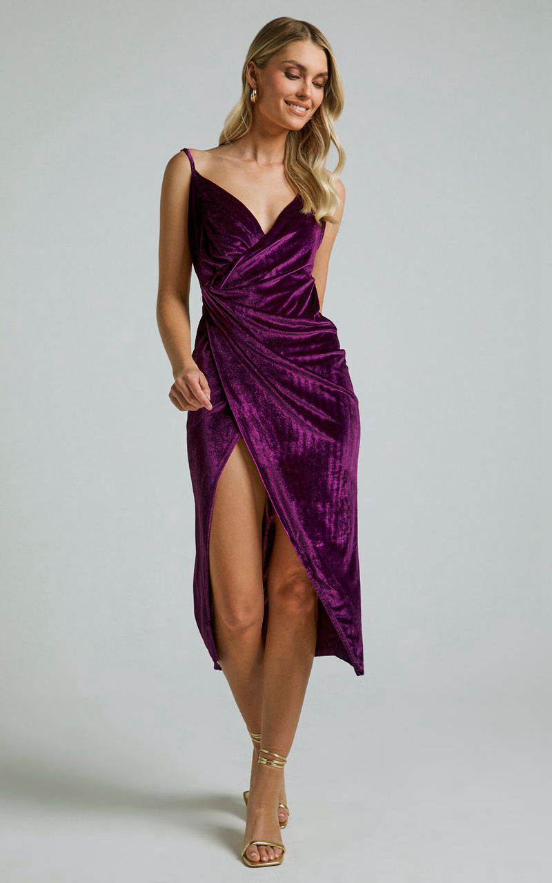 Showpo Loving Blind Midi Dress - Draped Thigh Split Dress Amethyst Velvet | CXBVUT249