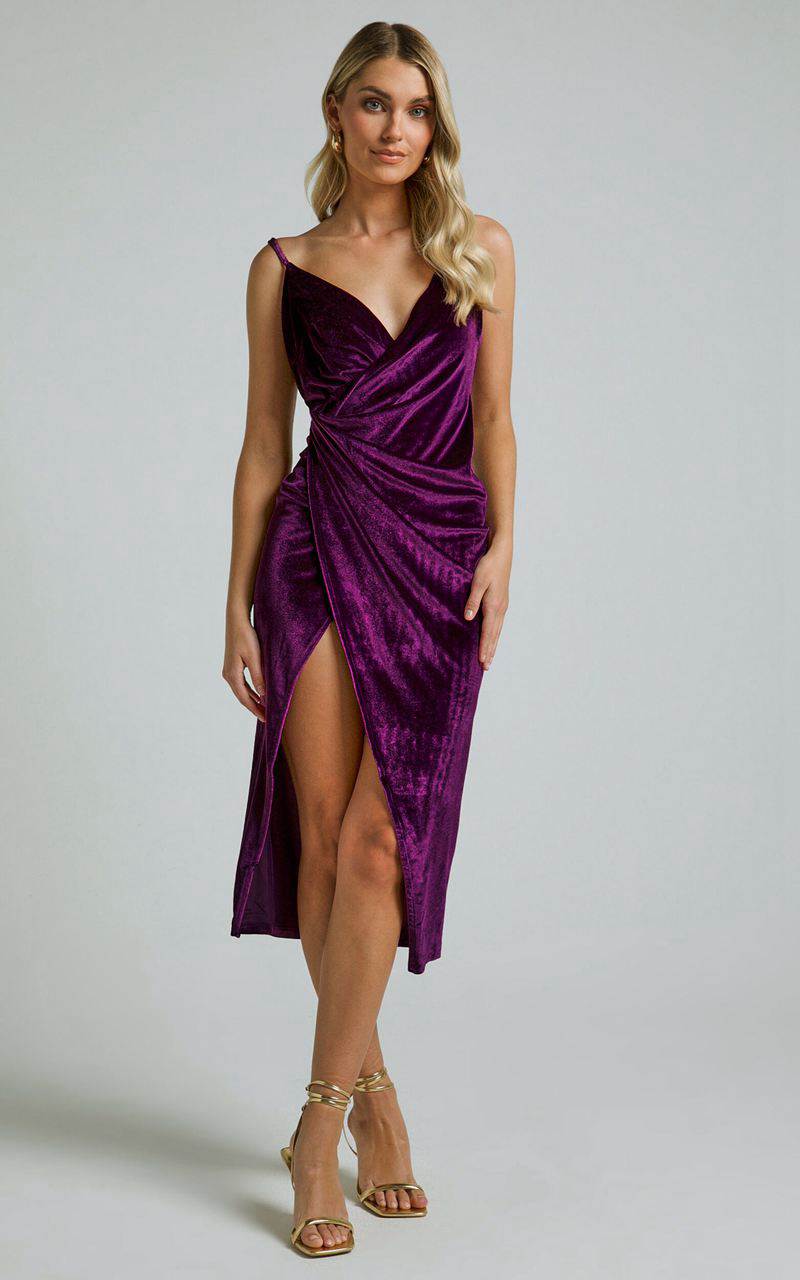 Showpo Loving Blind Midi Dress - Draped Thigh Split Dress Amethyst Velvet | CXBVUT249