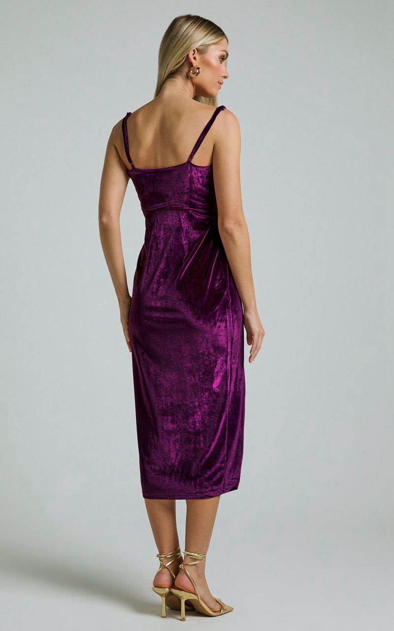 Showpo Loving Blind Midi Dress - Draped Thigh Split Dress Amethyst Velvet | CXBVUT249