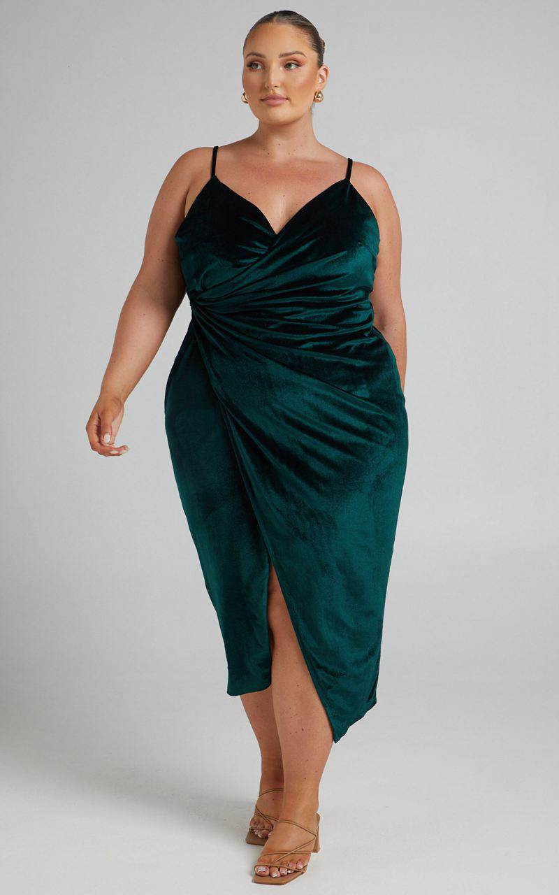 Showpo Loving Blind Midi Dress - Draped Thigh Split Dress Emerald Velvet | LOEMIC012