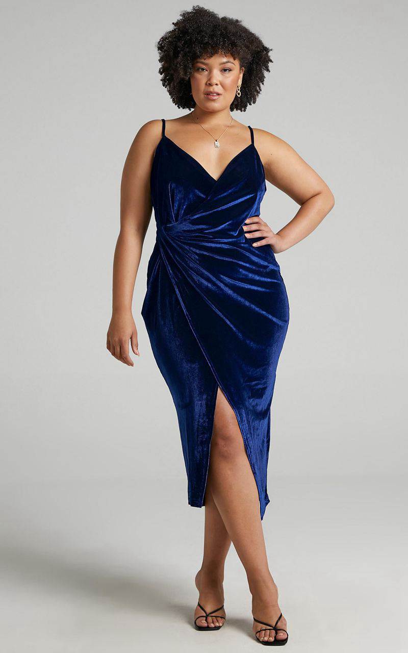 Showpo Loving Blind Midi Dress - Draped Thigh Split Dress Navy Velvet | JRFVOG895