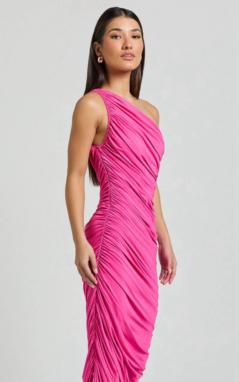 Showpo Lovlin Midi Dress - One Shoulder Ruched Dress Fuchsia Pink | ZIGHVL283