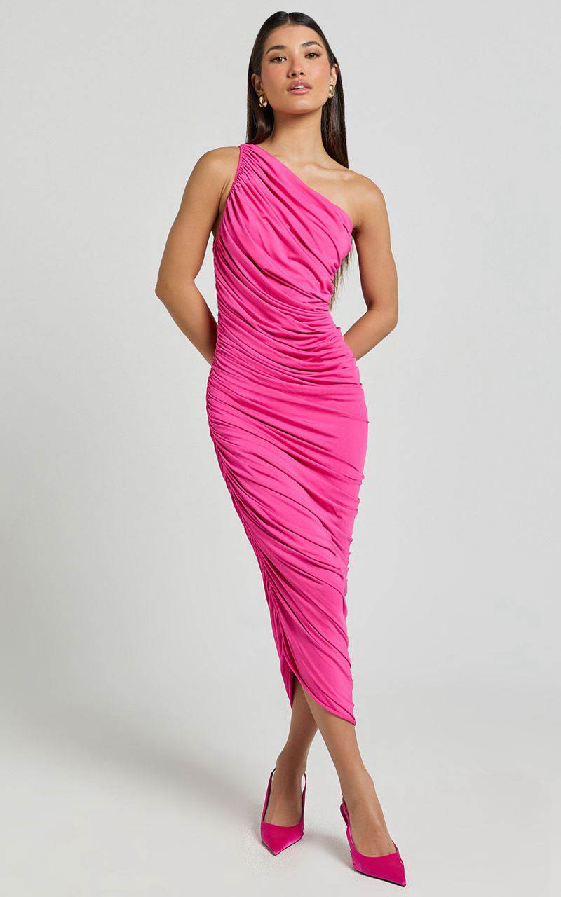 Showpo Lovlin Midi Dress - One Shoulder Ruched Dress Fuchsia Pink | ZIGHVL283