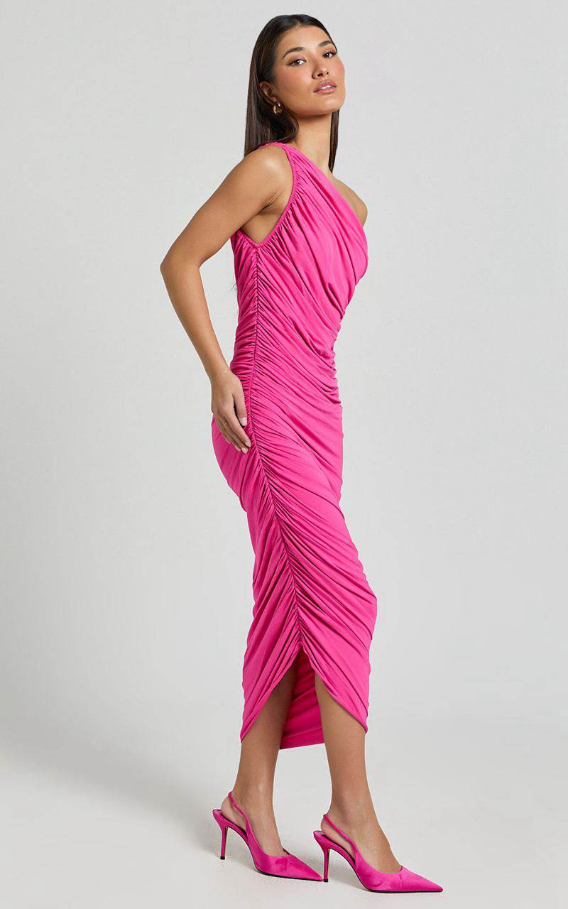 Showpo Lovlin Midi Dress - One Shoulder Ruched Dress Fuchsia Pink | ZIGHVL283