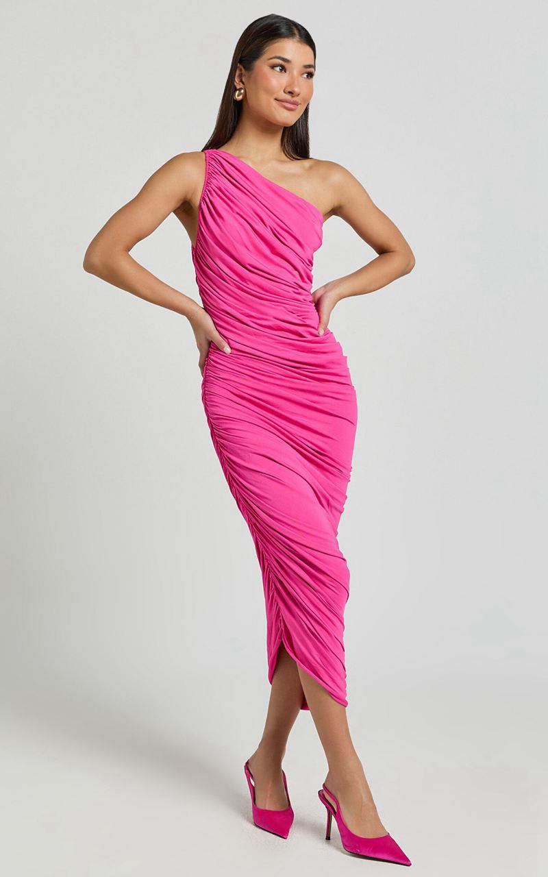 Showpo Lovlin Midi Dress - One Shoulder Ruched Dress Fuchsia Pink | ZIGHVL283