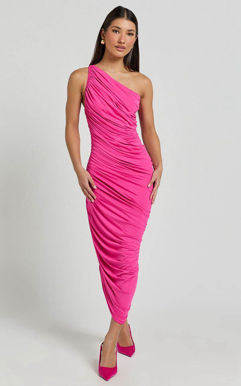 Showpo Lovlin Midi Dress - One Shoulder Ruched Dress Fuchsia Pink | ZIGHVL283