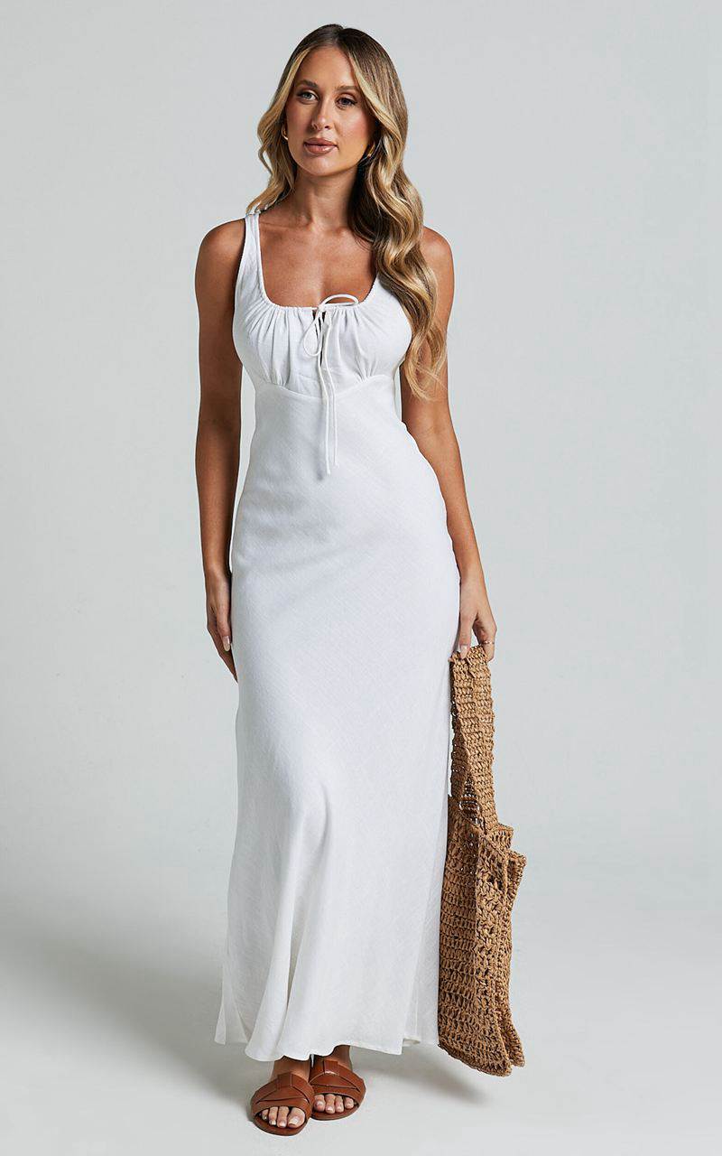 Showpo Lucas Midi Dress - Ruched Bust Linen Look Dress White | HRELYP490