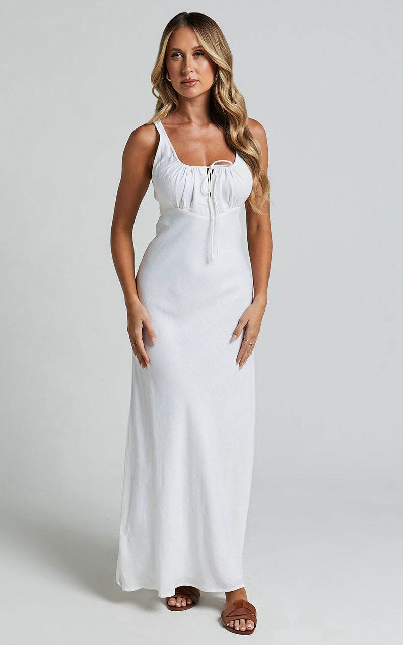 Showpo Lucas Midi Dress - Ruched Bust Linen Look Dress White | HRELYP490