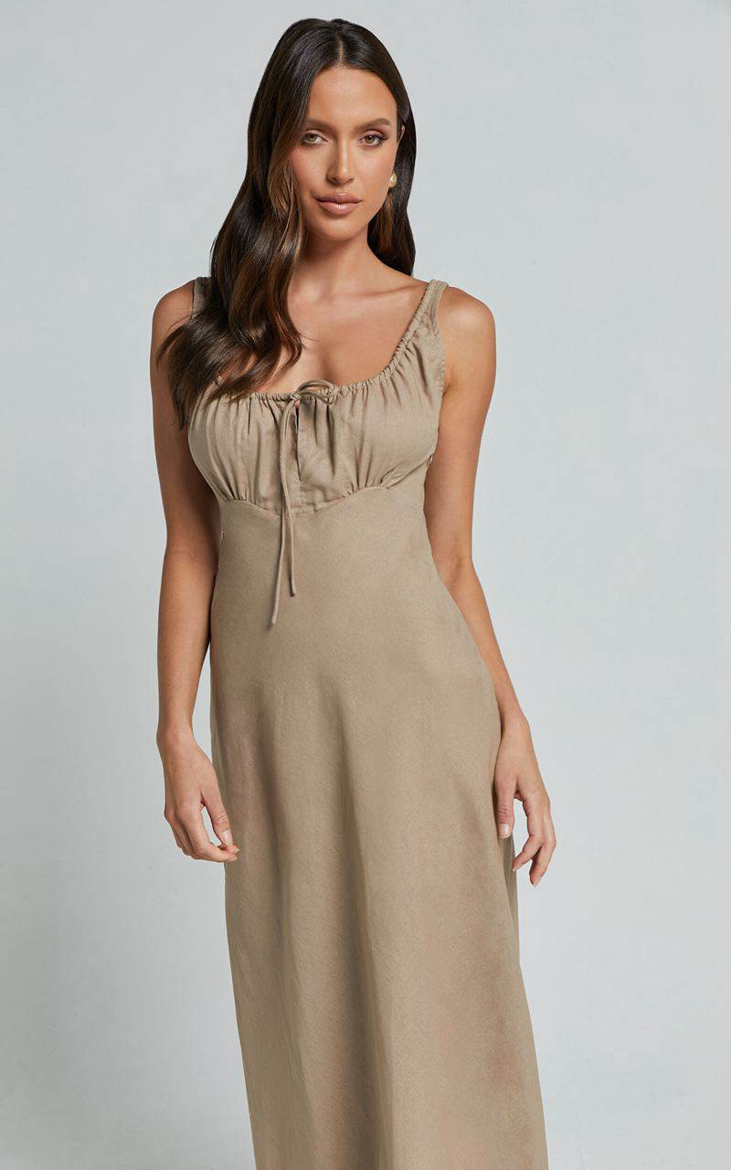 Showpo Lucas Midi Dress - Ruched Bust Linen Look Dress Tobacco | UVFHWM816