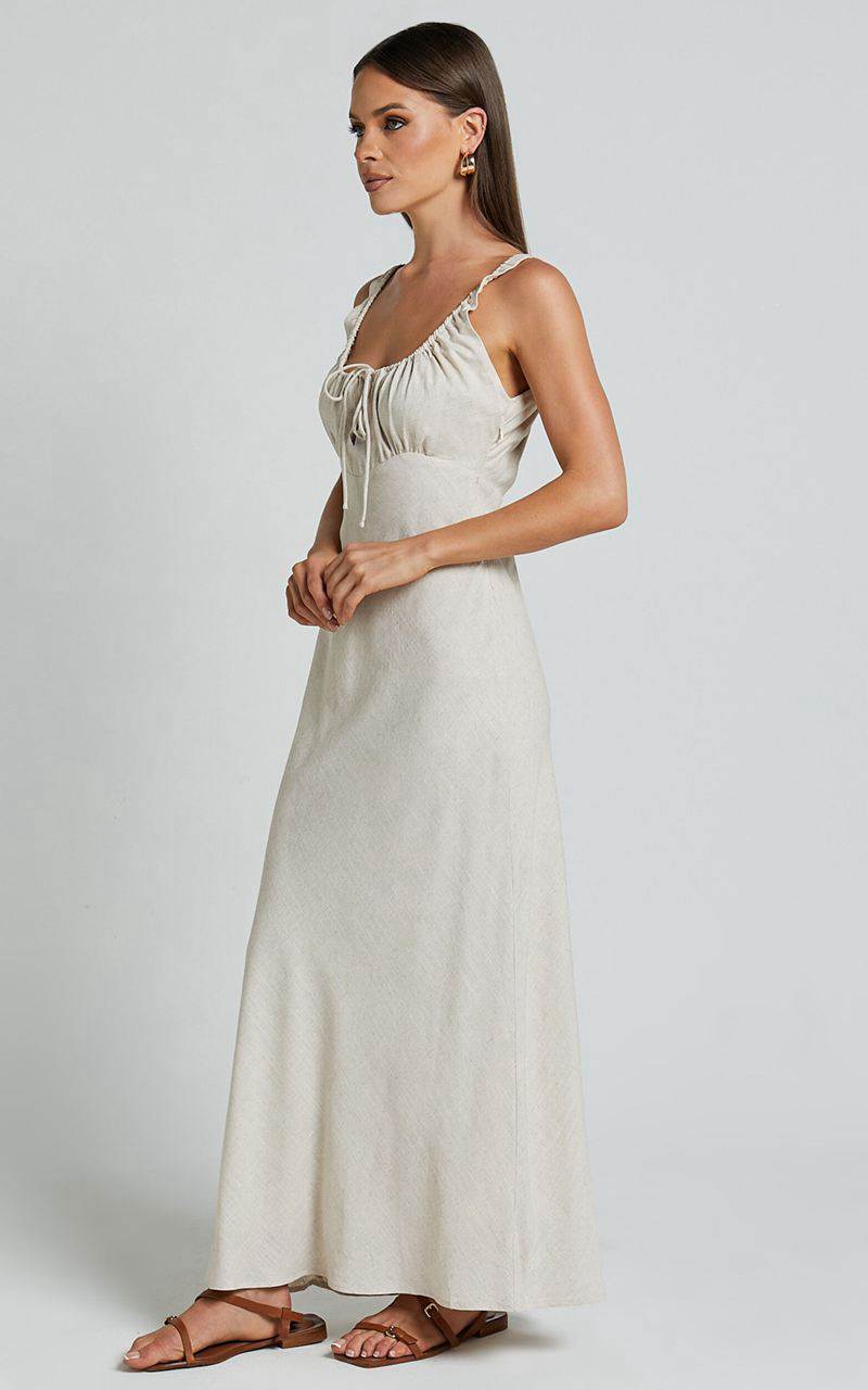 Showpo Lucas Midi Dress - Ruched Bust Linen Look Dress Natural | GAFJOW102