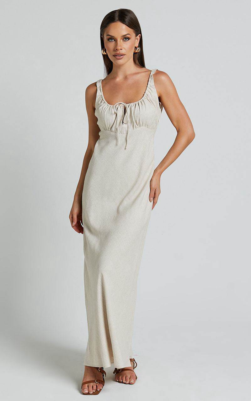 Showpo Lucas Midi Dress - Ruched Bust Linen Look Dress Natural | GAFJOW102