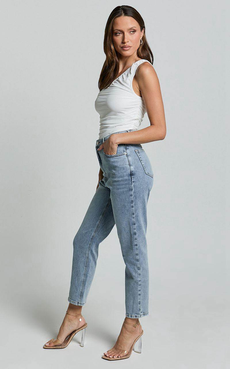 Showpo Lucilla Jeans - High Waisted Contour Fitted Denim Jeans Mid Blue Wash | JZADOY869