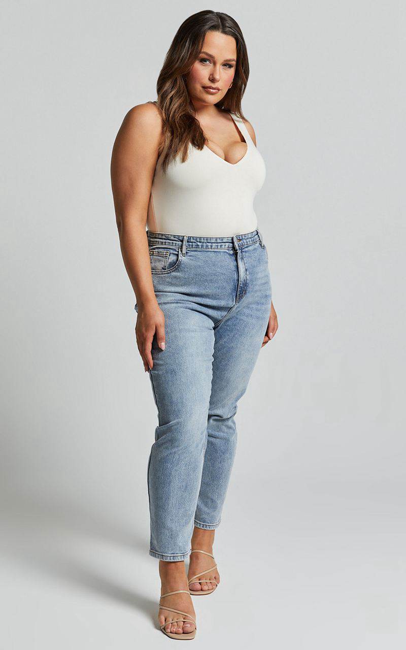 Showpo Lucilla Jeans - High Waisted Contour Fitted Denim Jeans Mid Blue Wash | JZADOY869