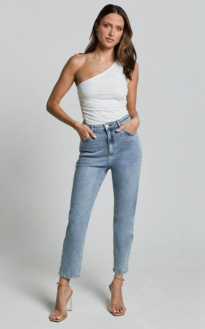 Showpo Lucilla Jeans - High Waisted Contour Fitted Denim Jeans Mid Blue Wash | JZADOY869