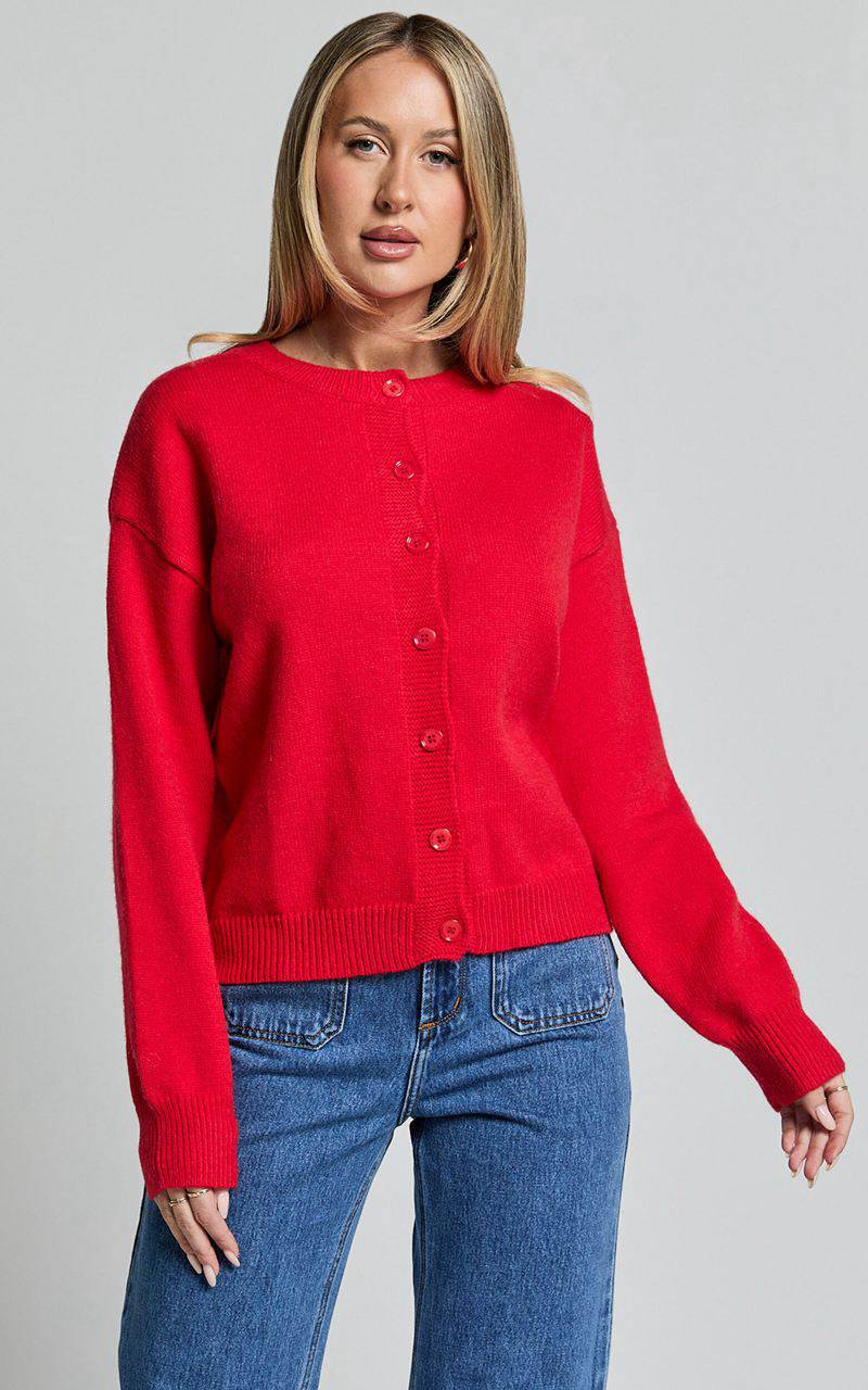 Showpo Lucille Cardigan - Button Through Scoop Neck Knit Cardigan Red | DKRQOJ817