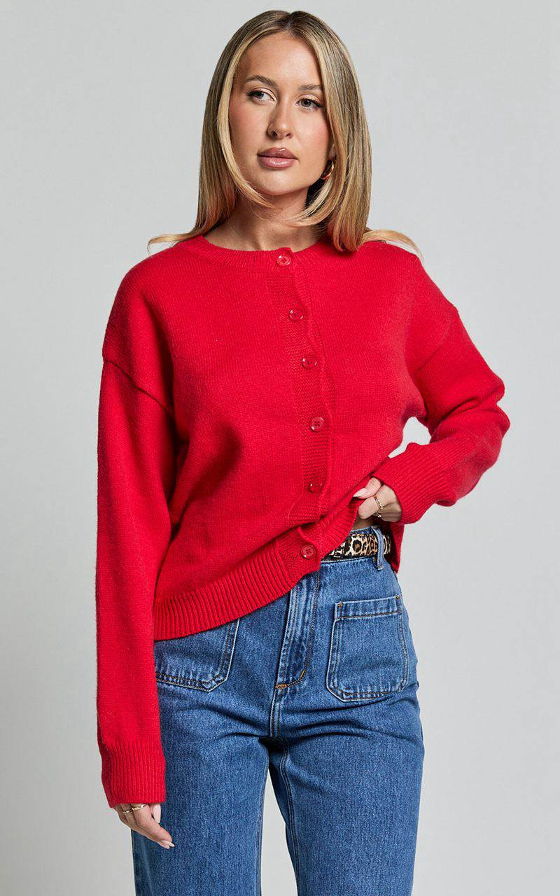 Showpo Lucille Cardigan - Button Through Scoop Neck Knit Cardigan Red | DKRQOJ817