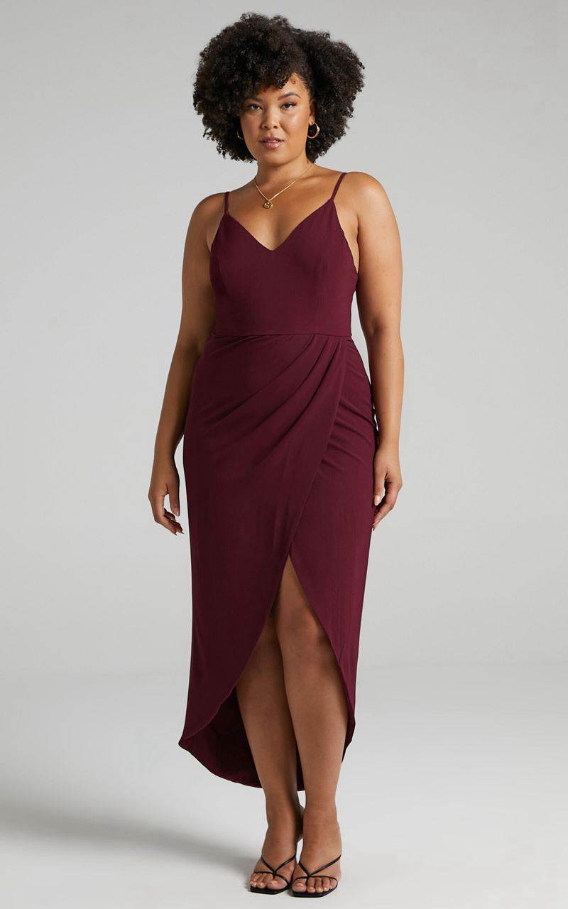 Showpo Lucky Day Midi Dress - V Neck Drape Dress Wine | PJFQEV125