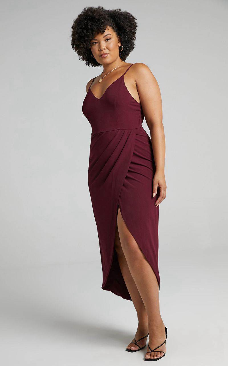 Showpo Lucky Day Midi Dress - V Neck Drape Dress Wine | PJFQEV125