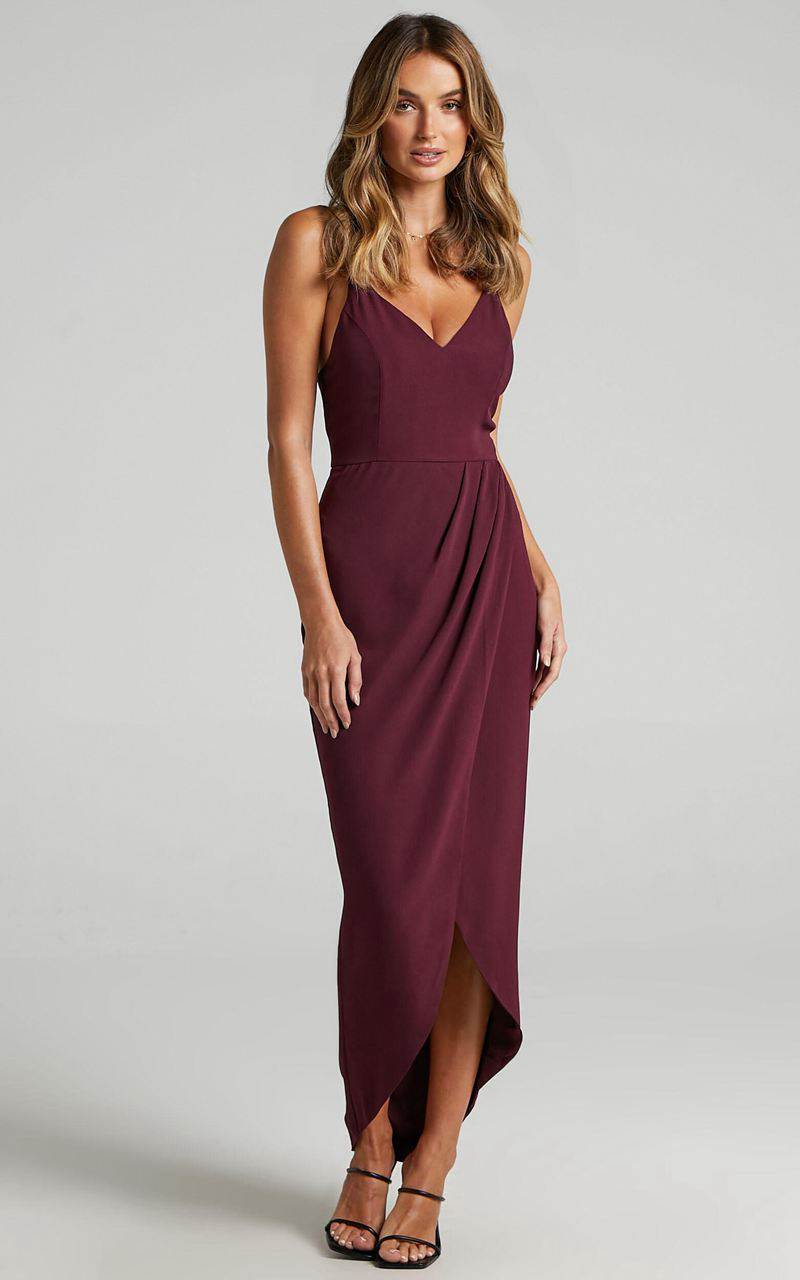 Showpo Lucky Day Midi Dress - V Neck Drape Dress Wine | PJFQEV125