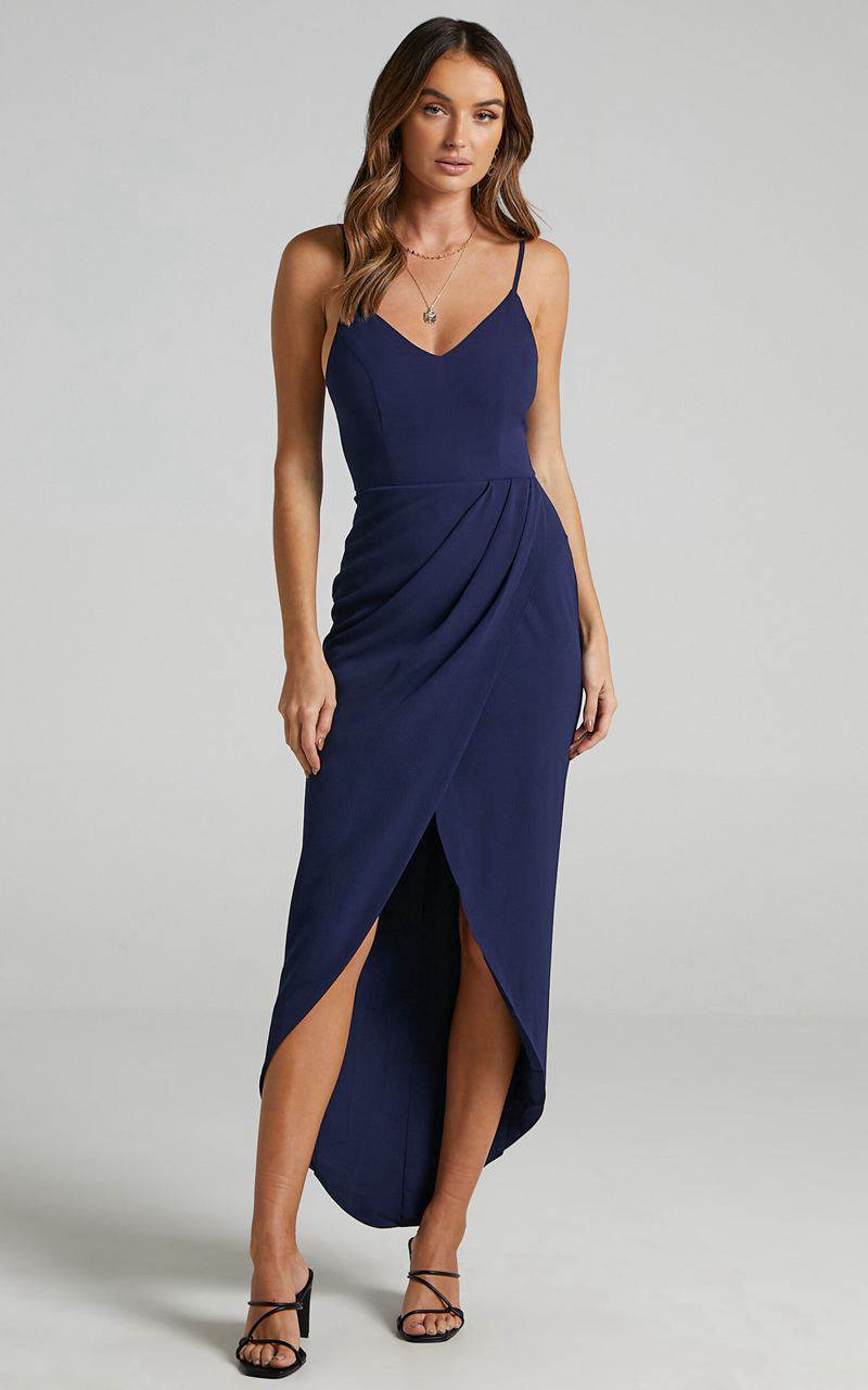 Showpo Lucky Day Midi Dress - V Neck Drape Dress Navy | IEXRVZ358