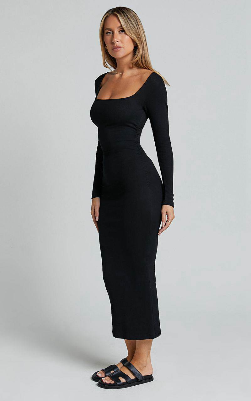 Showpo Lucy Midi Dress - Ribbed Side Ruched Bodycon Dress Black | VEKAOP197