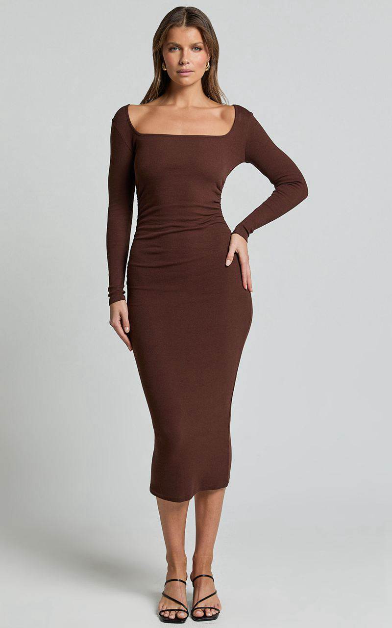 Showpo Lucy Midi Dress - Ribbed Side Ruched Bodycon Dress Espresso | HDXJPY592