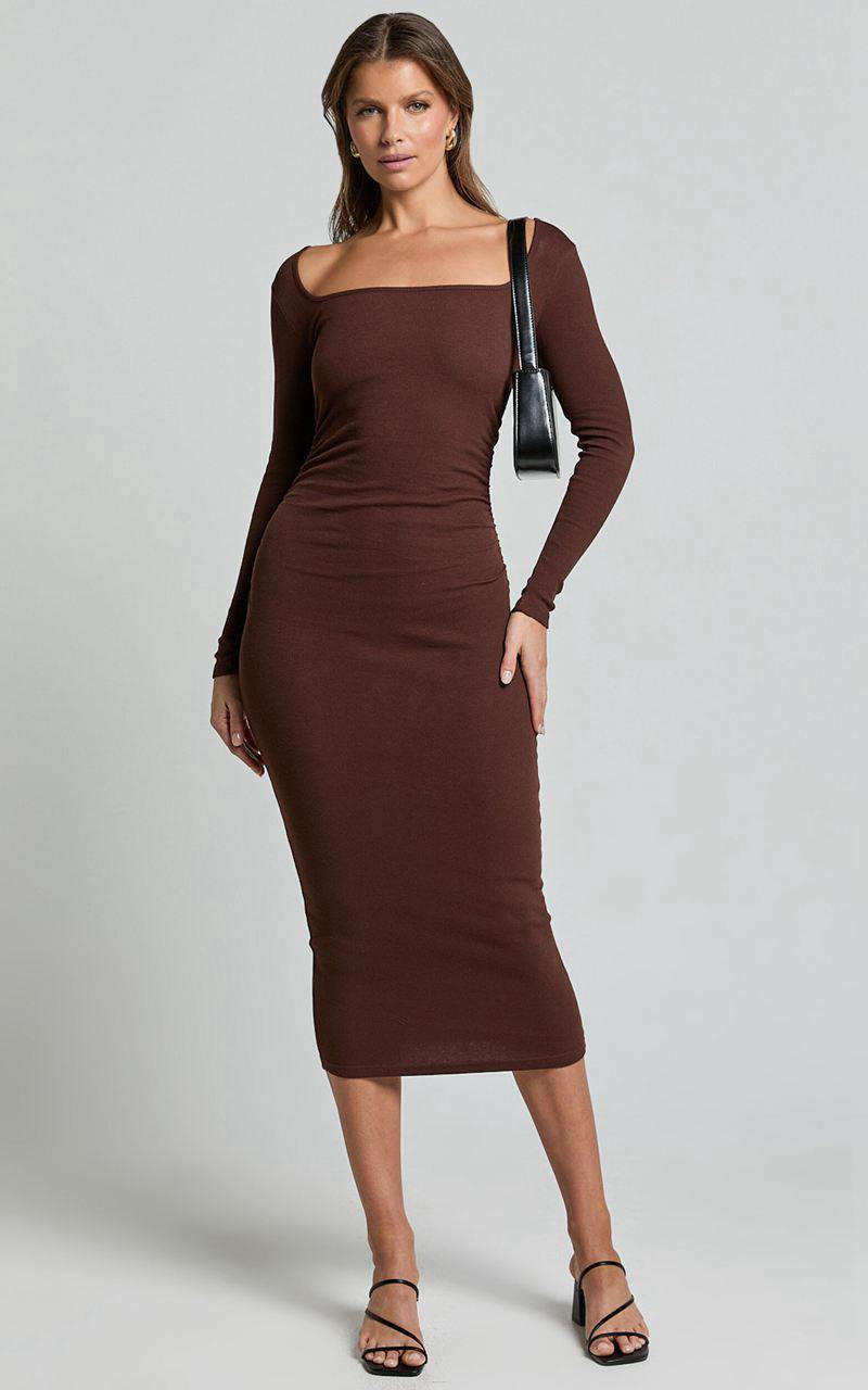 Showpo Lucy Midi Dress - Ribbed Side Ruched Bodycon Dress Espresso | HDXJPY592