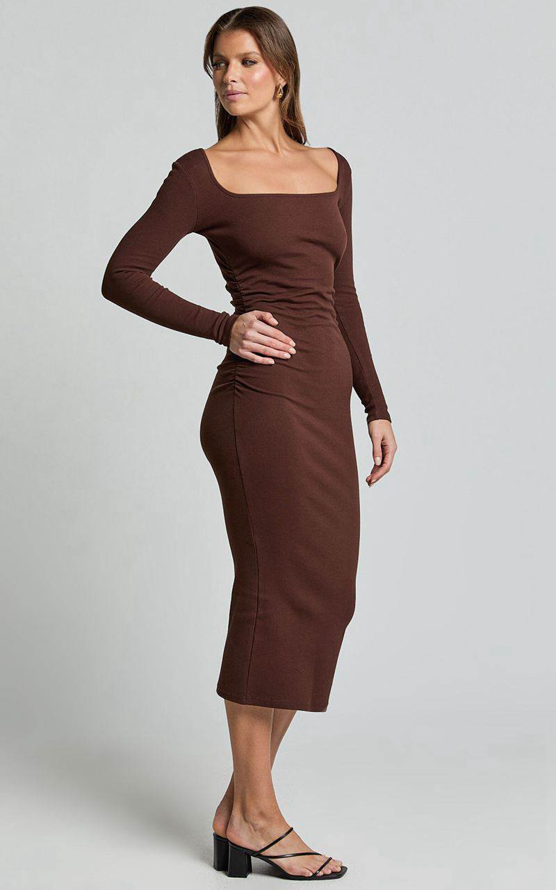 Showpo Lucy Midi Dress - Ribbed Side Ruched Bodycon Dress Espresso | HDXJPY592