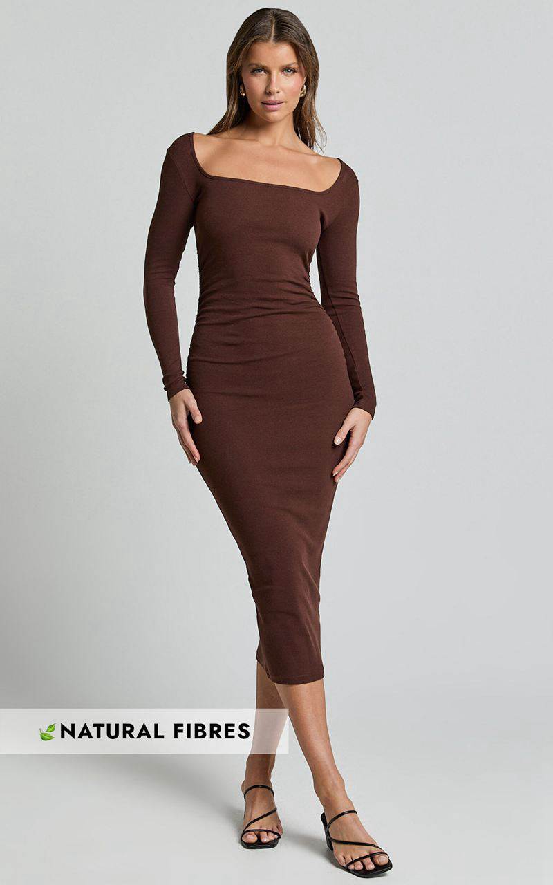 Showpo Lucy Midi Dress - Ribbed Side Ruched Bodycon Dress Espresso | HDXJPY592