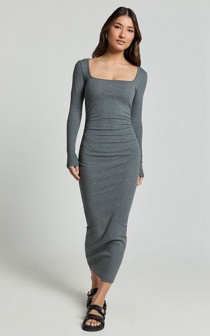 Showpo Lucy Midi Dress - Ribbed Side Ruched Bodycon Dress Charcoal | MHTONR013