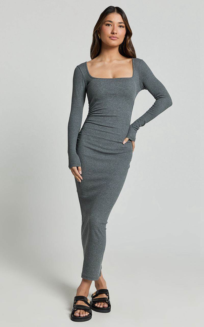 Showpo Lucy Midi Dress - Ribbed Side Ruched Bodycon Dress Charcoal | MHTONR013