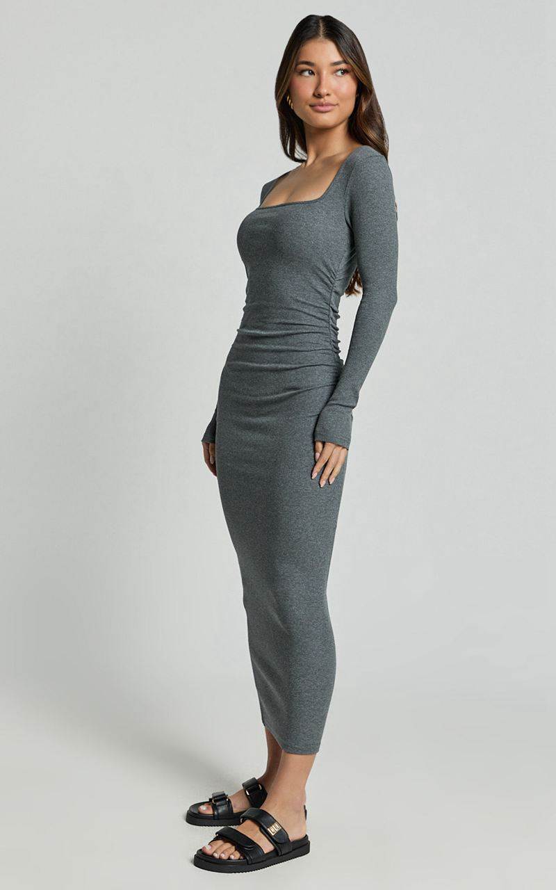 Showpo Lucy Midi Dress - Ribbed Side Ruched Bodycon Dress Charcoal | MHTONR013