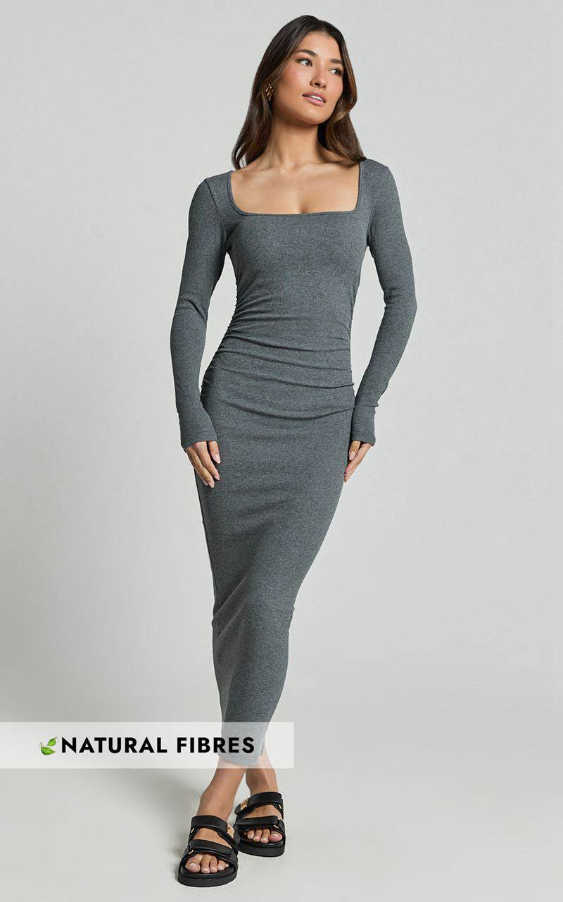 Showpo Lucy Midi Dress - Ribbed Side Ruched Bodycon Dress Charcoal | MHTONR013