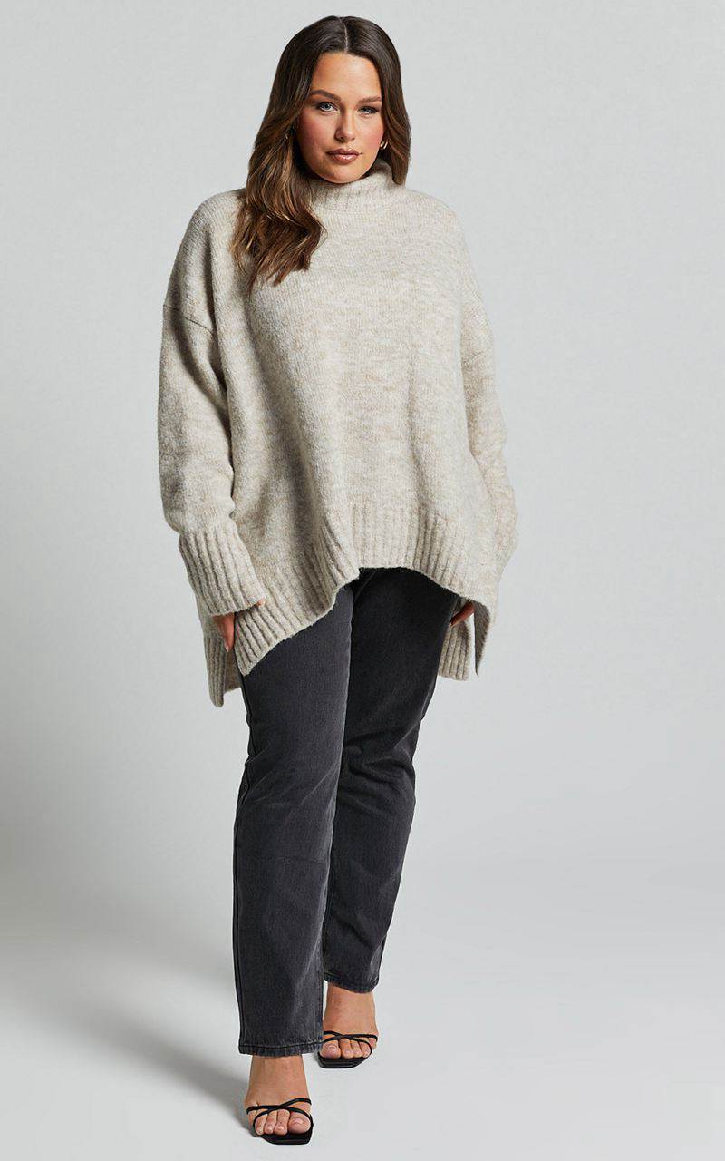 Showpo Luella Jumper - Oversized Turtle Neck Jumper Oatmeal | LAWYFP947