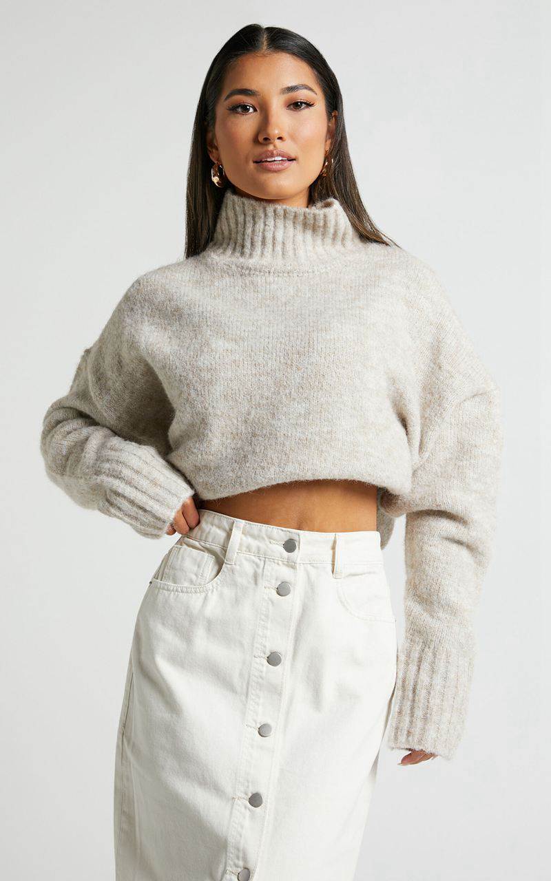 Showpo Luella Jumper - Oversized Turtle Neck Jumper Oatmeal | LAWYFP947