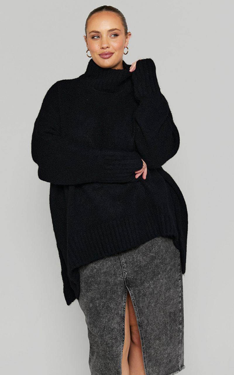 Showpo Luella Jumper - Oversized Turtle Neck Jumper Black | RFNETG617