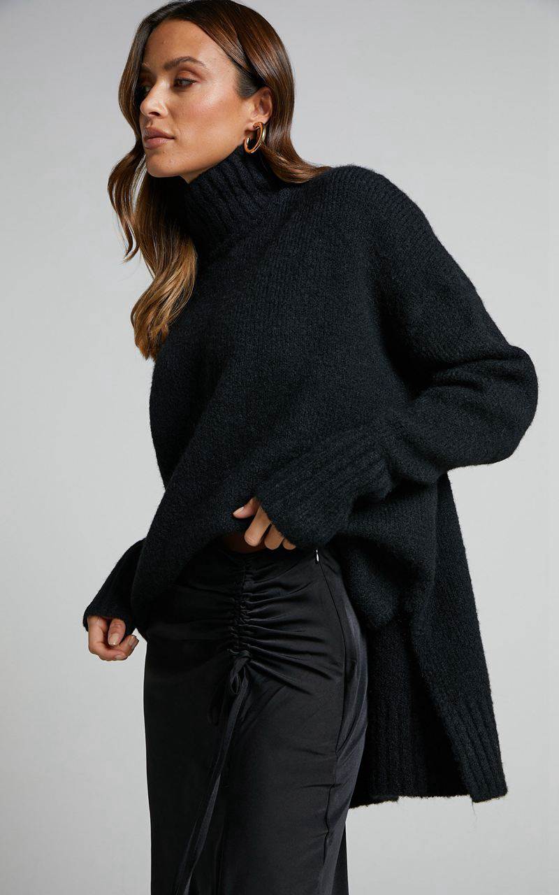 Showpo Luella Jumper - Oversized Turtle Neck Jumper Black | RFNETG617