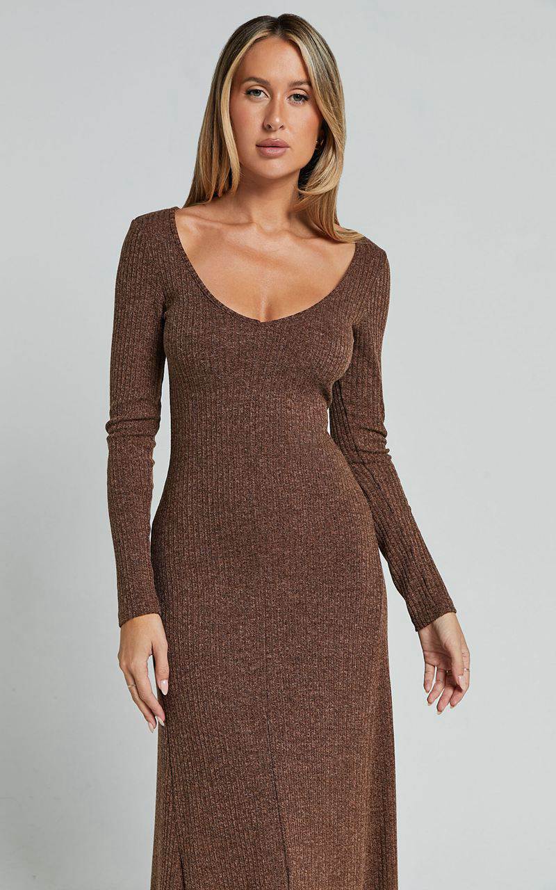 Showpo Lydia Midi Dress - V Neck Long Sleeve Knitted Dress Chocolate | YBXRTH105