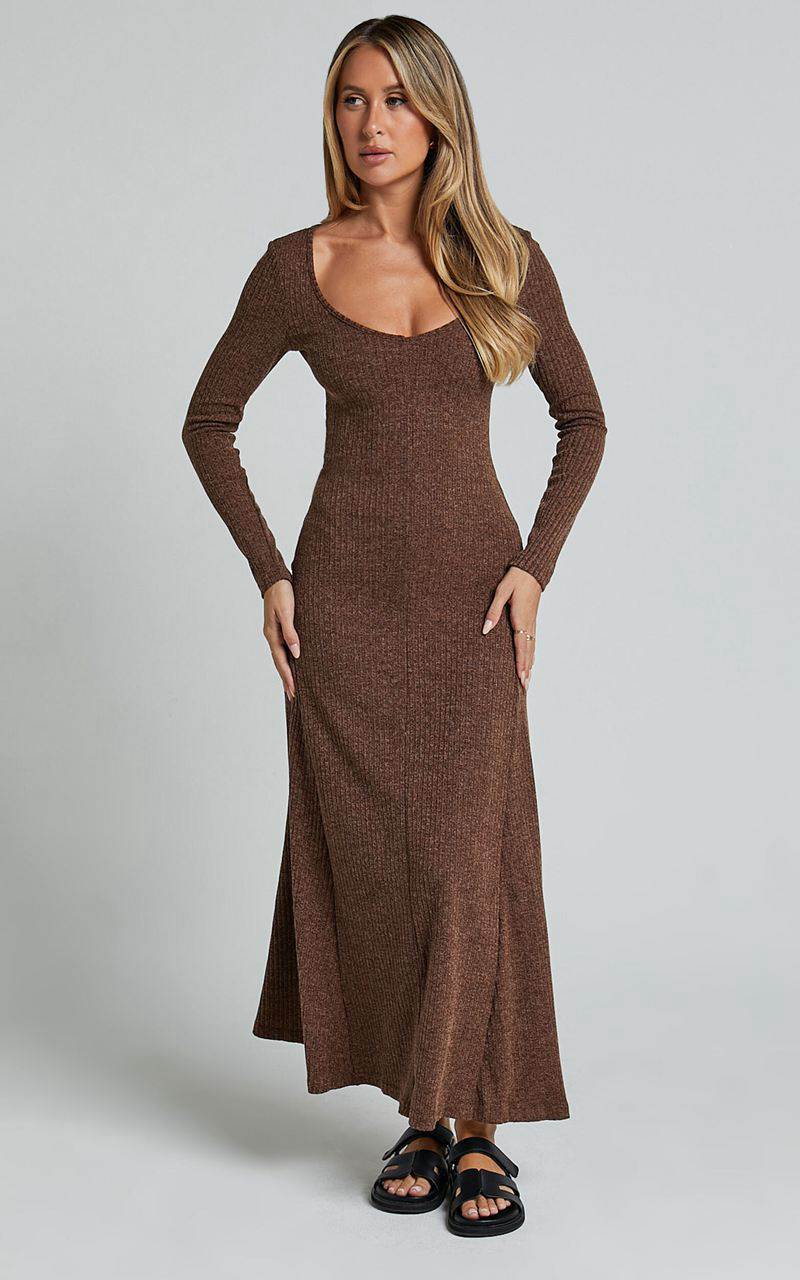 Showpo Lydia Midi Dress - V Neck Long Sleeve Knitted Dress Chocolate | YBXRTH105