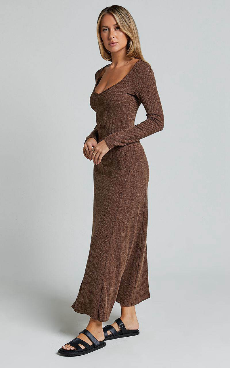 Showpo Lydia Midi Dress - V Neck Long Sleeve Knitted Dress Chocolate | YBXRTH105