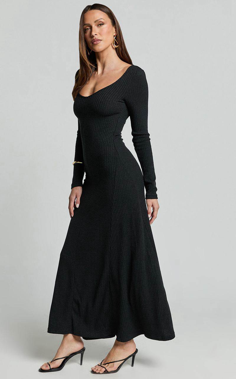 Showpo Lydia Midi Dress - V Neck Long Sleeve Knitted Dress Black | XDZQBA793