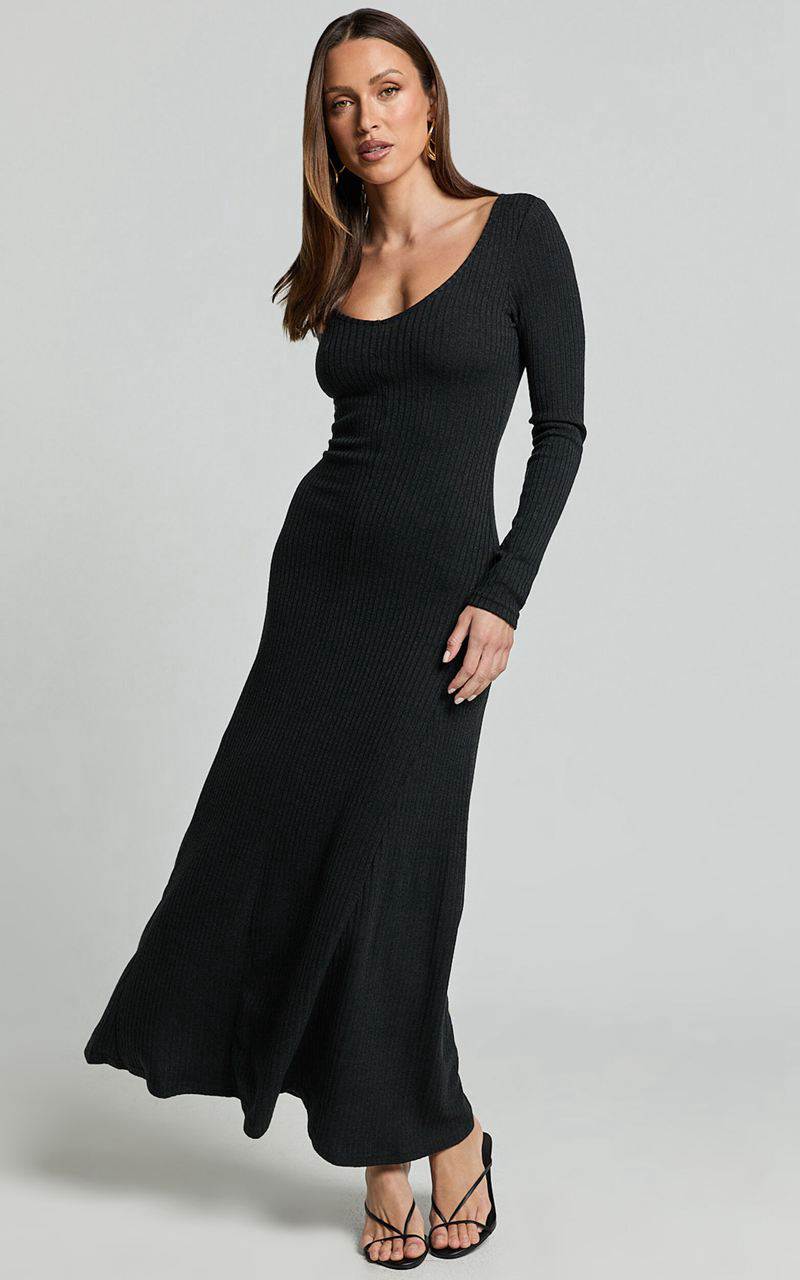 Showpo Lydia Midi Dress - V Neck Long Sleeve Knitted Dress Black | XDZQBA793