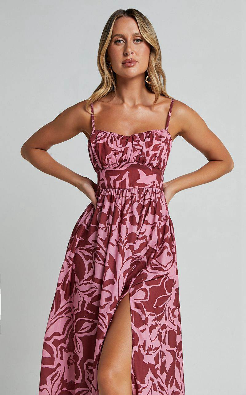 Showpo Lydie Midi Dress - Strappy Ruched Bust Shirred Back Dress Whirlwind Floral Print | HMJLGV405