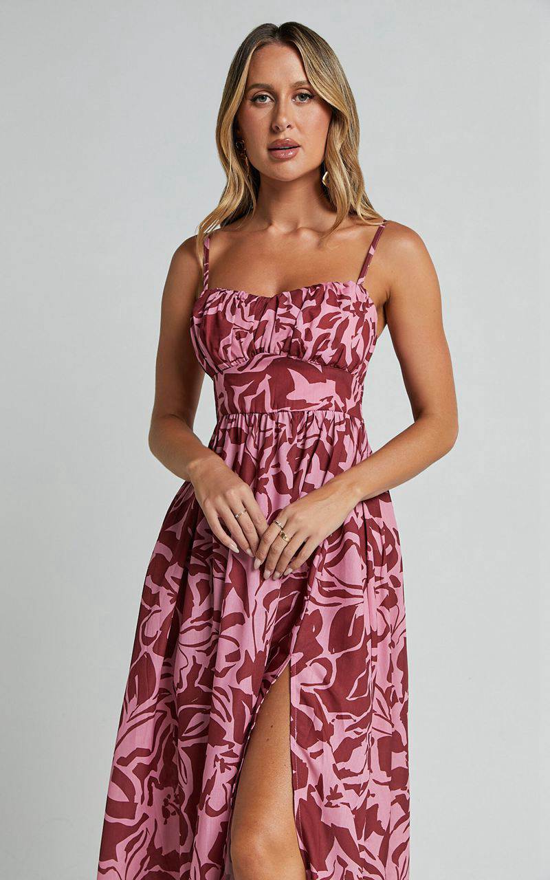 Showpo Lydie Midi Dress - Strappy Ruched Bust Shirred Back Dress Whirlwind Floral Print | HMJLGV405