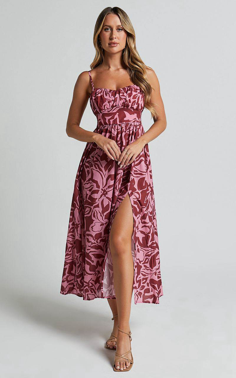 Showpo Lydie Midi Dress - Strappy Ruched Bust Shirred Back Dress Whirlwind Floral Print | HMJLGV405