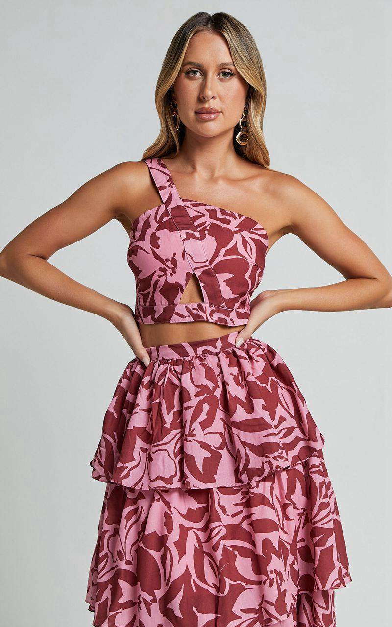 Showpo Lydie Two Piece Set - One Shoulder Top And Tiered Midi Skirt Set Whirlwind Floral Print | VDZTJF581